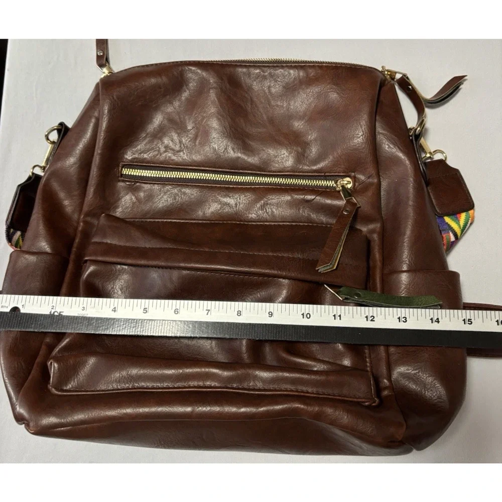 Brown Faux Leather Backpack Travel School Colorful Shoulder Strap BOHO‎ Aztec